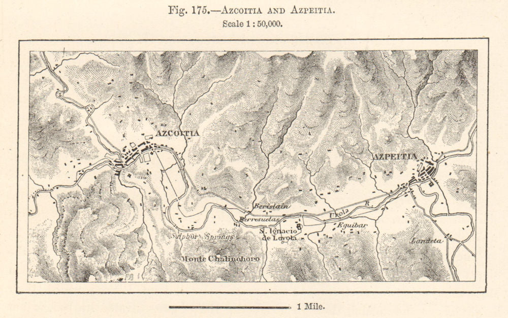 Azkoitia and Azpeitia plan. Basque Country, Spain. Sketch map 1885 old